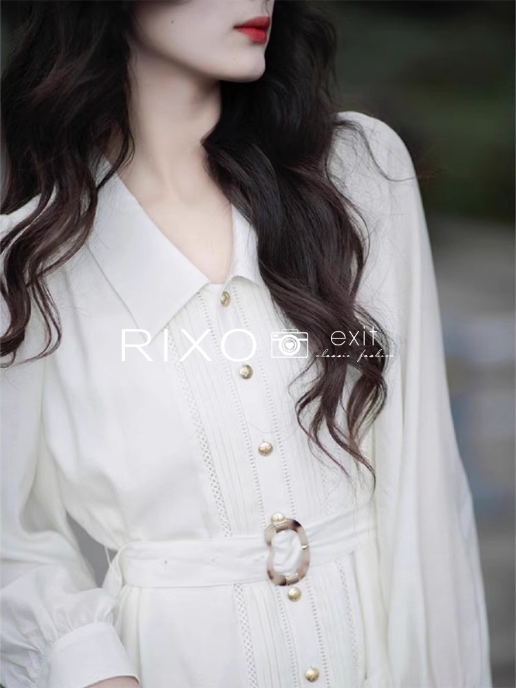 RIXO EXIT法式长袖白色连衣裙女2023新款秋冬气质高级感雪纺衬衫