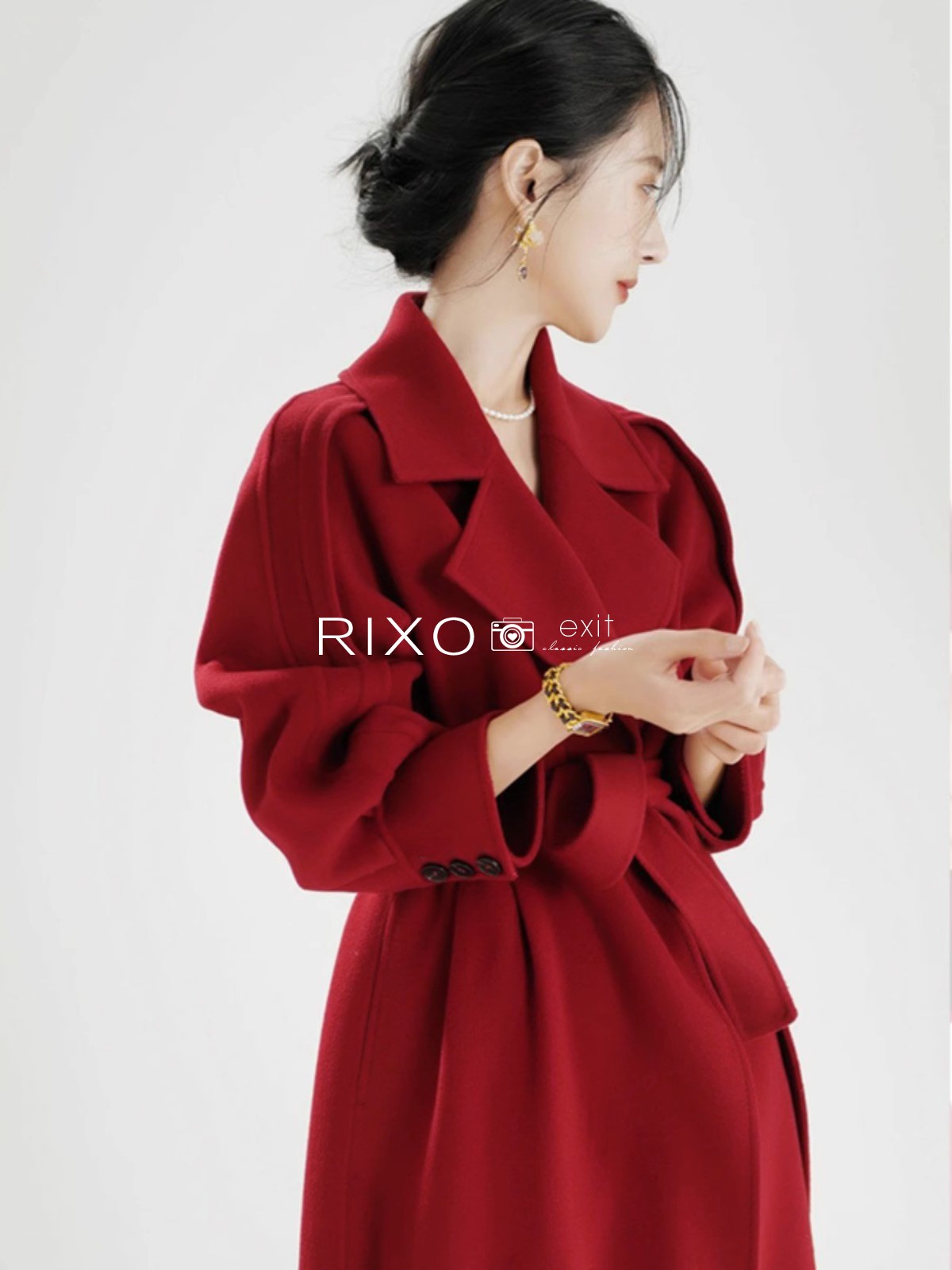 RIXO EXIT法式双面羊绒毛呢大衣女冬季2023新款收腰系带红色外套