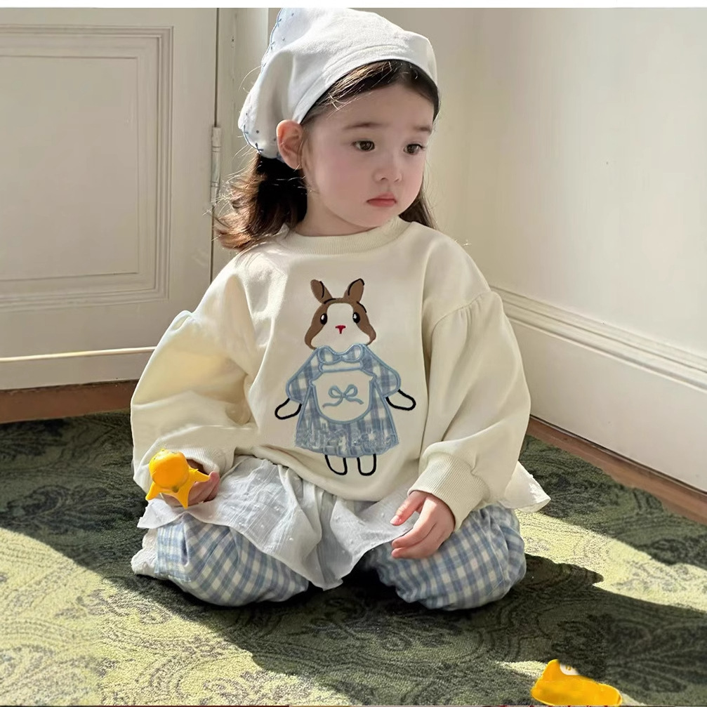 女童小兔卫衣秋季2025新款可爱卡通套头衫洋气蕾丝格子休闲裤