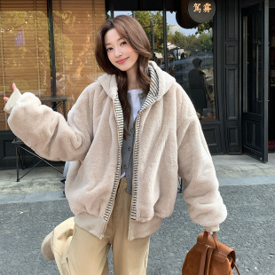 2026冬季韩版毛领条纹双面穿撞色连帽棉服女宽松羽绒服女外套