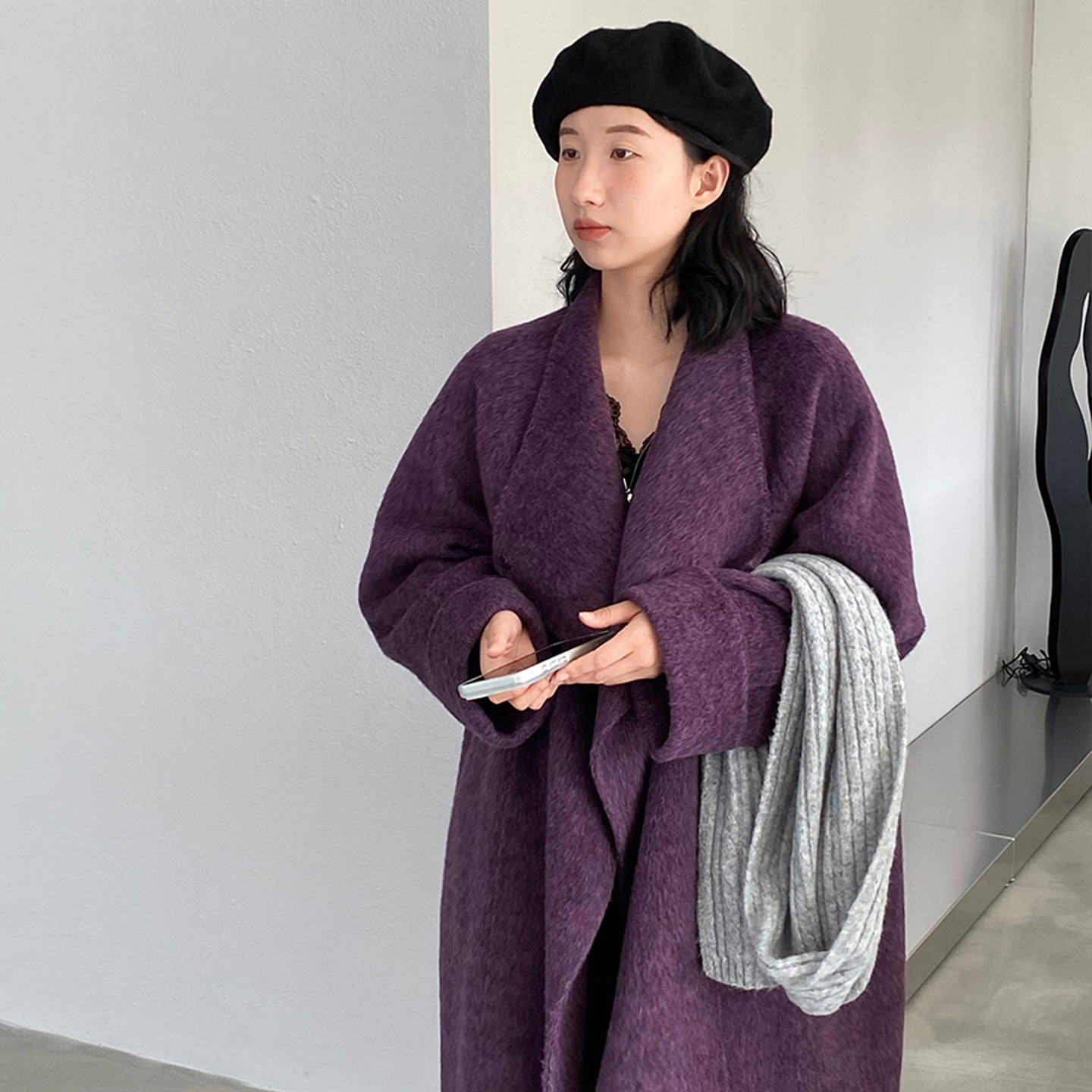 高级感紫色双面羊毛羊绒大衣女2025新款冬季韩版气质长款毛呢外套