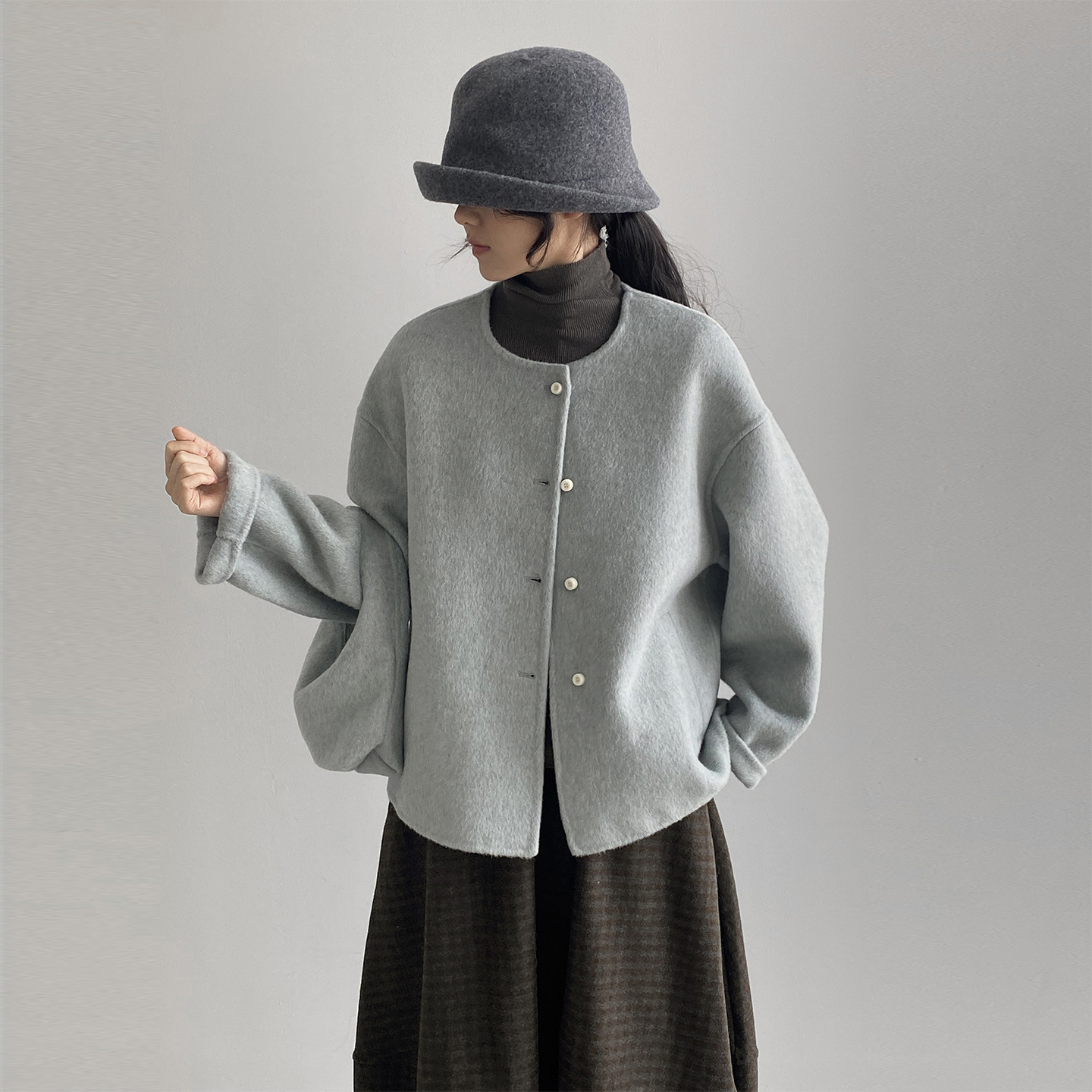 韩系灰色双面羊绒大衣女款2025新款秋冬季短款圆领羊毛呢外套女