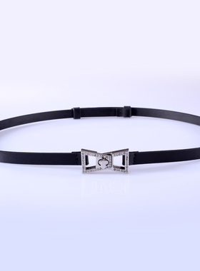 黑色白色牛皮女士细款金属钮扣蝴蝶结装饰腰带衬衣连衣裙带皮带