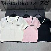 Trendy 镂空减龄百搭上衣 娃娃领撞色花边针织女短袖 Bazaar 春夏季