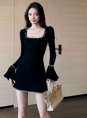Trendy Bazaar 秋亮丝钉珠黑色长袖修身针织连衣裙修身包臀短裙女