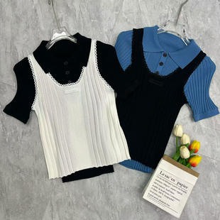 坑条针织女修身 春夏翻领短袖 高弹显瘦纽扣POLO上衣 Bazaar Trendy