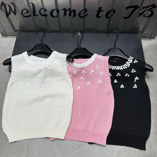 Trendy Bazaar 春夏韩系重工钉珠无袖背心女百搭叠穿圆领针织马甲
