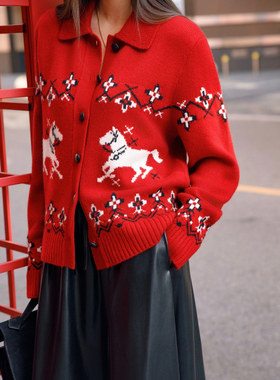Trendy Bazaar 冬费尔岛红色新年针织开衫女翻领动物图案毛衣上衣