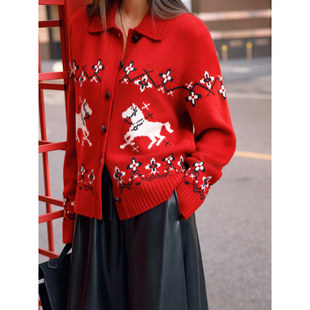 女翻领动物图案毛衣上衣 冬费尔岛红色新年针织开衫 Trendy Bazaar