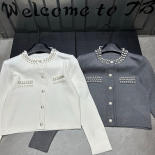 女长袖 Trendy 小香风钉珠圆领针织开衫 秋冬季 气质显瘦上衣 Bazaar