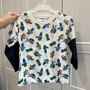 日单儿童T恤 外贸日系春秋男童我的世界苦力怕卡通长袖套头上衣