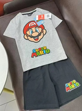 欧美单儿童套装 外贸男童夏季卡通马里奥休闲短袖T恤短裤两件套