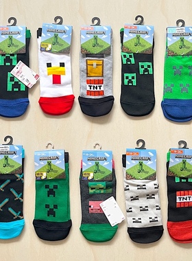 出口原单儿童袜 外贸男童卡通图案我的世界苦力怕休闲短筒袜