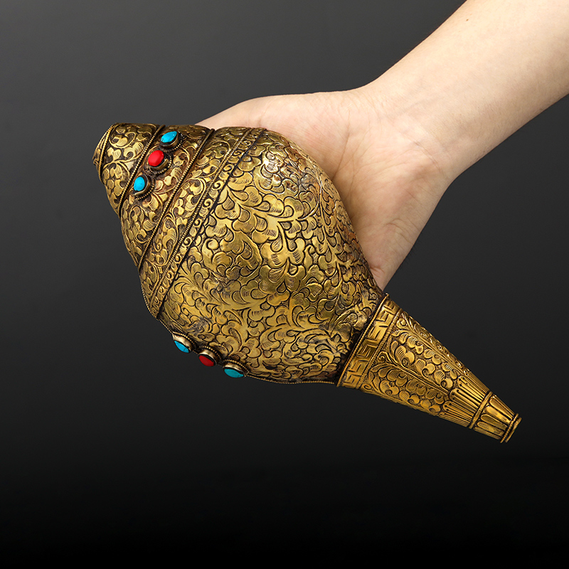 尼泊尔铜手工雕花海螺复古做旧居家八供摆件用品大号海螺24cm