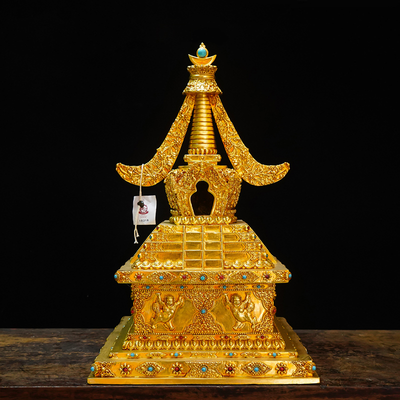 藏式铜鎏金菩提塔尊胜塔天降塔和解塔供奉佛塔摆件舍利塔十五寸