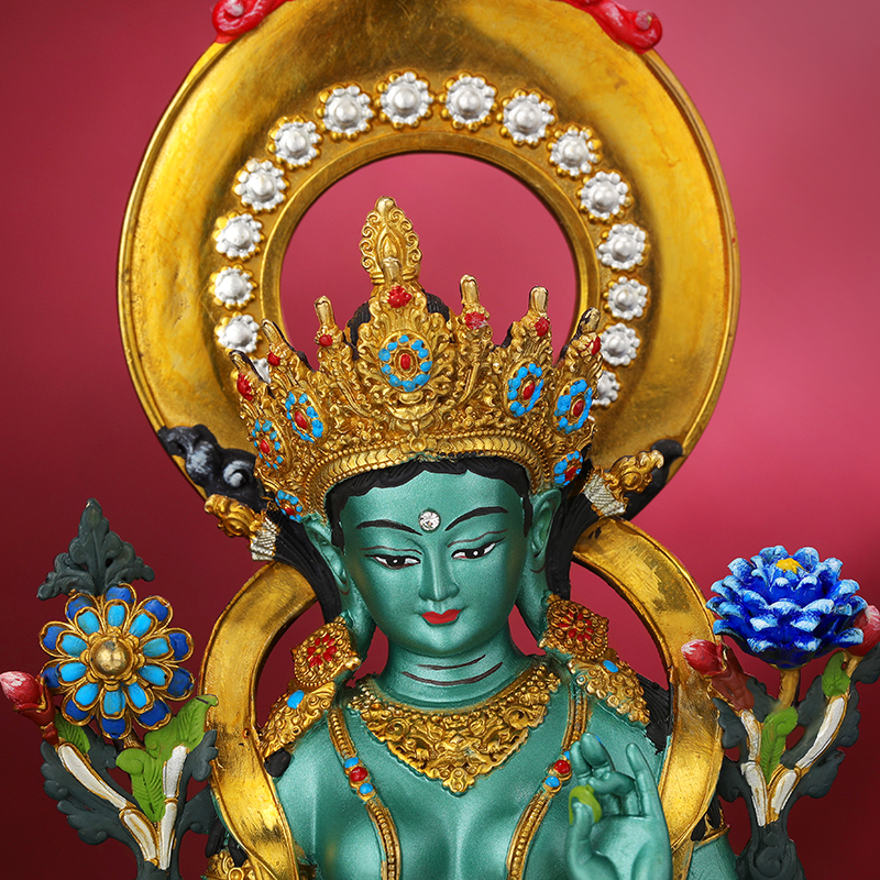 尼泊尔工艺绿度母彩绘铜佛像摆件藏式绿度母菩萨铜像手工錾刻15cm