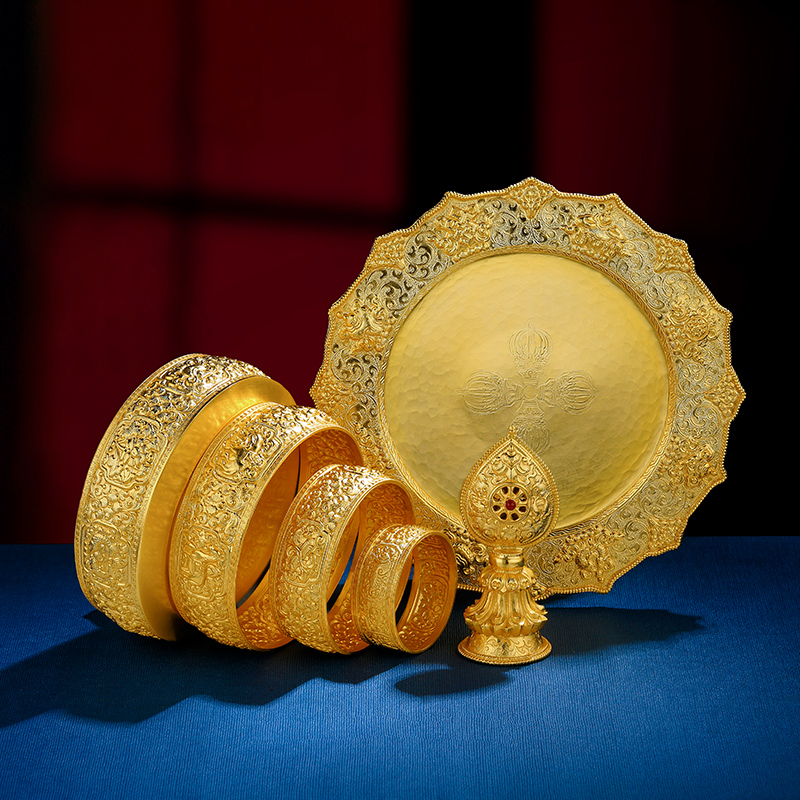 菩提树下曼扎盘纯银镀金蔓扎全套藏式曼茶盘八吉祥曼茶罗大号12cm