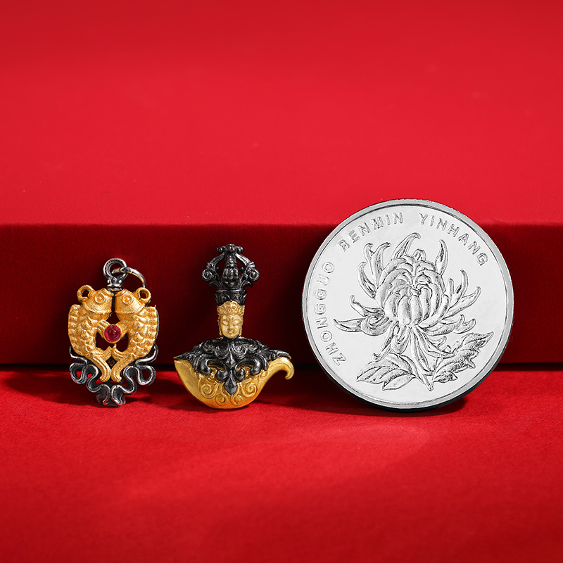 S925纯银镀金钺刀双鱼吊坠挂坠文玩手串配饰项坠民族风diy银配饰