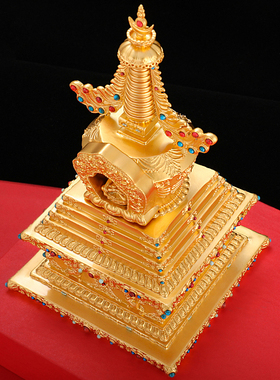 铜镀金释迦牟尼菩提塔精美工艺品镶嵌宝石宝塔供具摆件高21cm