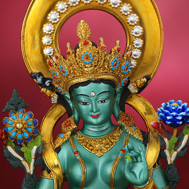 尼泊尔工艺绿度母文殊彩绘铜佛像摆件藏式黄财神莲师手工錾刻15cm
