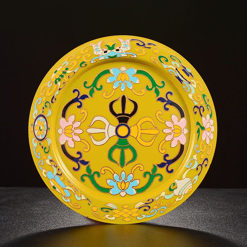 藏式景泰曼扎盘修盘合金彩绘八吉祥曼达盘家用佛堂供宝石摆件