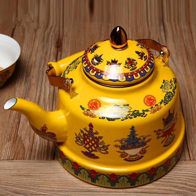 中式特色茶具八吉祥酥油茶壶家用供水壶酥油茶搪瓷茶壶可加热