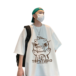 wassup happy港风咆哮小恐龙短袖t恤男夏季圆领华夫格休闲体恤衫图片