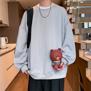 提花卫衣男春秋季宽松圆领纯色内搭打底衫男生港风复古高级感衣服图片