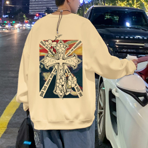 W509P35新款潮港风宽松卫衣男十字架印花打底衫无帽外套休闲图片