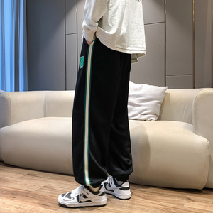 K871P45新款男裤子休闲宽松阔腿运动长裤美式条纹刺绣卫裤图片