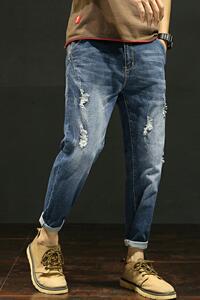 XZ304B-2A新品微弹百搭中腰薄款破洞修身牛仔裤休闲裤