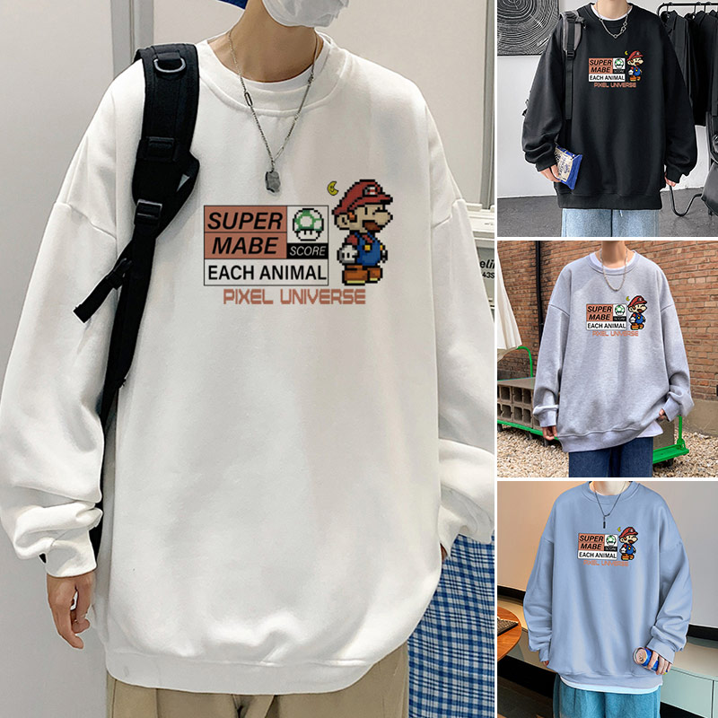 W315F加绒45新款卡通印花圆领套头无帽卫衣男宽松长袖上衣图片