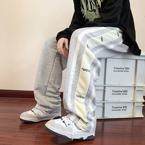 861P50新款条纹拼接休闲裤男宽松直筒裤美式运动卫裤复古垂感长裤图片