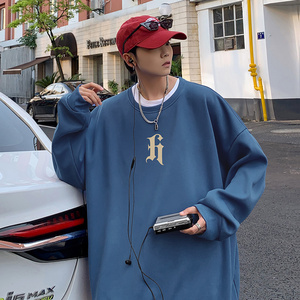 高级感宽松长袖卫衣男潮ins春秋季美式潮牌套头圆领上衣无帽外套图片