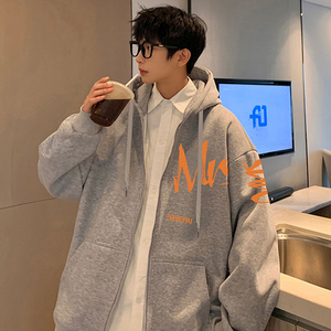 H181F新款加绒加厚卫衣外套男宽松涂鸦印花休闲上衣拉链开衫,歌莉娅白色外套怎么搭配图片