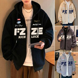 H182加绒F新款字母印花美式连帽加绒外套男宽松拉链开衫卫衣