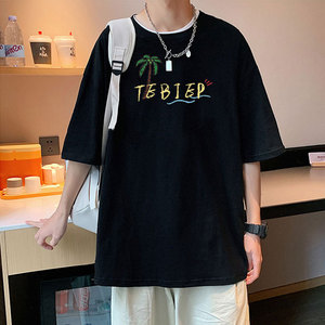 小熊卡通印花t恤短袖男夏季薄款高街潮牌体恤港风情侣装五分半袖图片