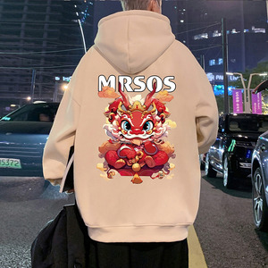 CM061加绒FP65新款纯棉卫衣休闲保暖帽衫龙狮印花加绒连帽外套图片