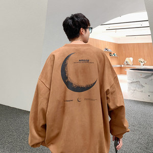 A601P48新款高级感麂皮绒卫衣男月亮印花套头休闲外套图片