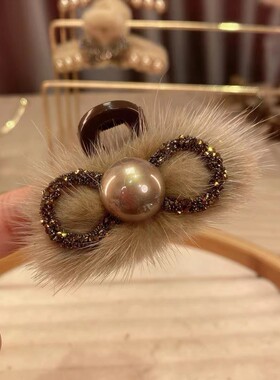 秋冬水貂毛毛绒中号水钻蝴蝶结
