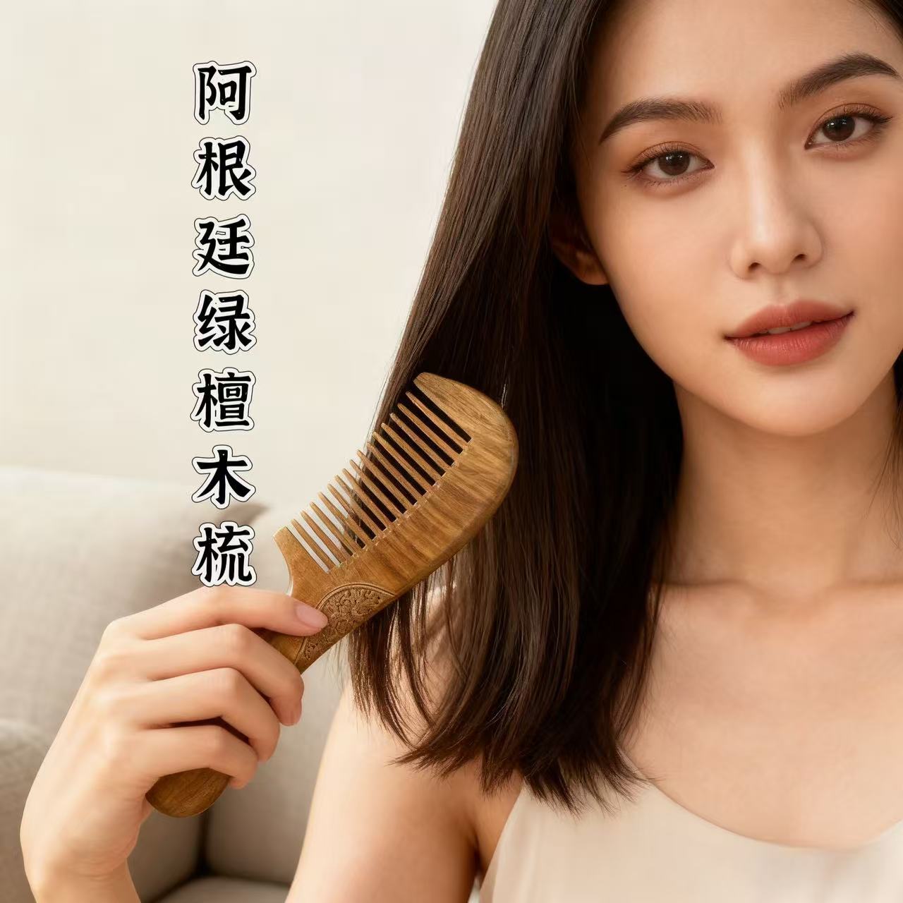 20cm阿根廷绿檀木梳天然檀香木梳子批发加长手柄整木雕花按摩宽齿