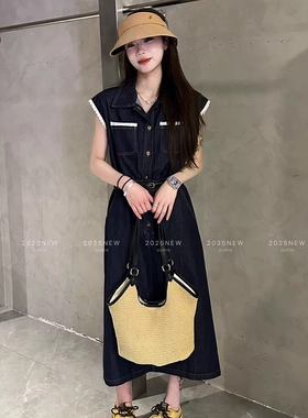 特价独品20013蕾丝拼接无袖牛仔连衣裙系腰带修身显瘦长裙女春夏