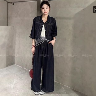 配丝巾洋气两件套女装 套装 春 时尚 独品20018牛仔短外套休闲阔腿裤