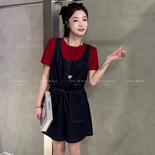 T恤两件套女装 抽绳收腰显瘦绑带短袖 夏 独品20033牛仔背带短裤 特价