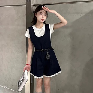 独品20038系腰带牛仔背带短裤 女装 蕾丝拼接连体裤 套装 夏 短袖 特价