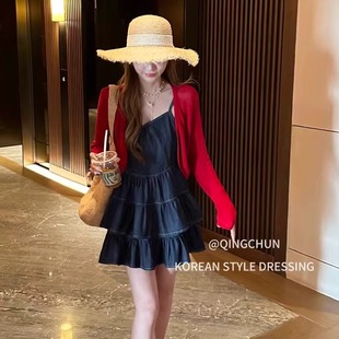 夏两件套连衣裙潮 8521牛仔吊带裙蛋糕裙荷叶边冰丝披肩短外套女装