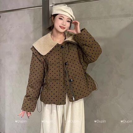 特价独品羊羔毛大翻领波点短款羽绒服收腰修身显瘦白鸭绒外套女冬
