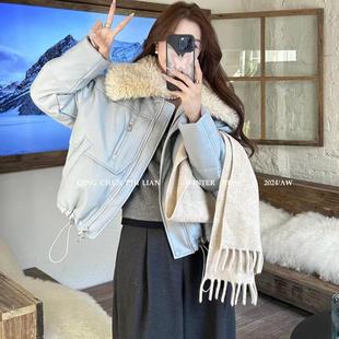 羊羔毛大翻领短款蛋白皮羽绒服加厚白鸭绒机车夹克女冬新款2024潮