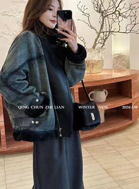 特价91866羊羔毛皮毛一体拼接羽绒服牛仔夹克衫加厚外套女装冬潮