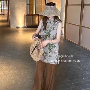 两件套女装 8619复古提花马甲衬衫 阔腿裤 上衣无袖 夏 花色盘扣新中式